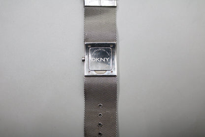 Ladies DKNY Black Square Dial Mesh Stainless Steel Silver Tone Bracelet Watch