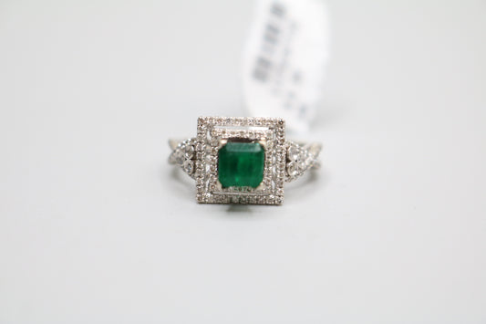 14K White Gold Classic Asscher Cut Emerald Square Ring W/ Surrounding Diamonds (Size 4 3/4)
