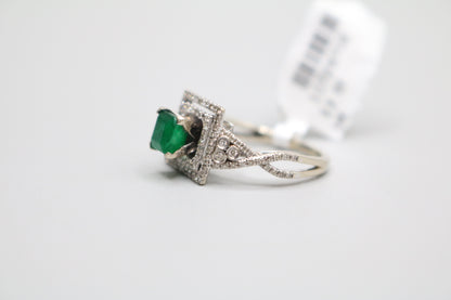 14K White Gold Classic Asscher Cut Emerald Square Ring W/ Surrounding Diamonds (Size 4 3/4)