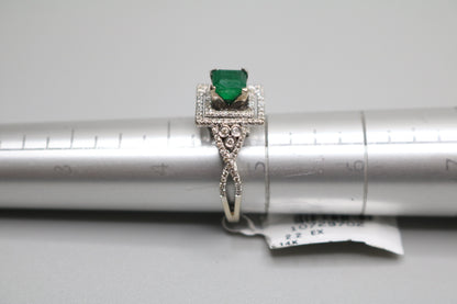 14K White Gold Classic Asscher Cut Emerald Square Ring W/ Surrounding Diamonds (Size 4 3/4)