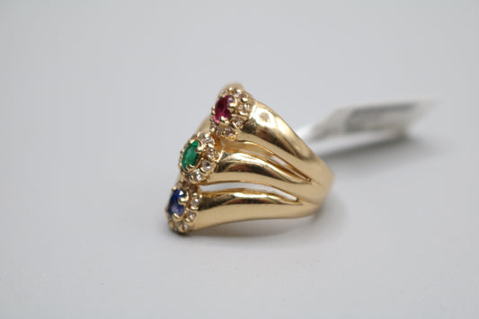 18K Yellow Gold Tripple Bypass Diamond W/ Blue, Green and Red Spinel (Size 7)