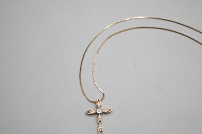 14K/10K Yellow Gold Box Necklace with Diamond Cross Charm (17 Inches)
