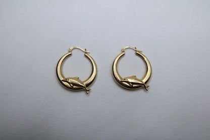14k Yellow Gold Dolphin Hoop Earring