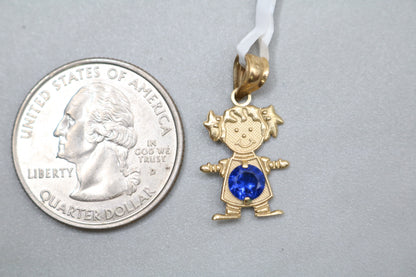 14K Yellow Gold Girl Charm With Blue Sapphire (1.0 Grams)