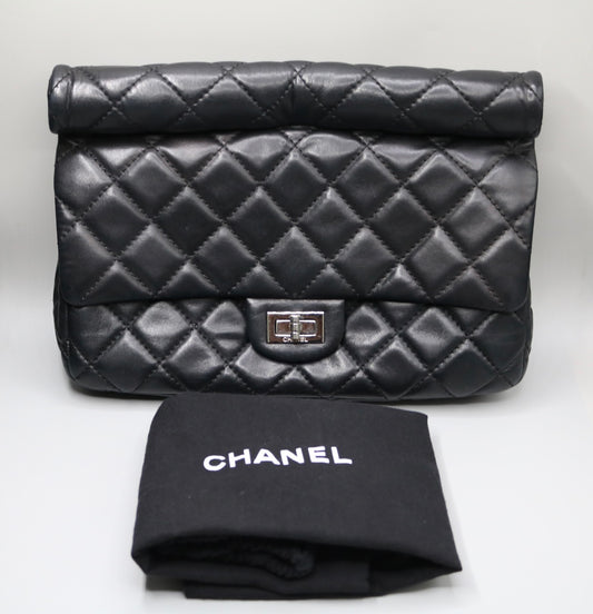 Chanel 2.55 Roll Reissue Clutch Black Quilted Leather Bag 2010s Era