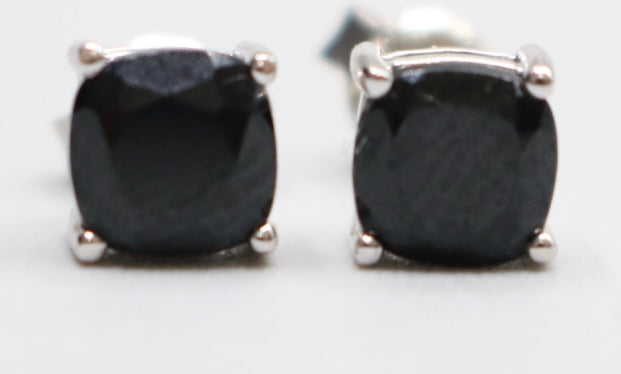 2.50 CTW Cushion Cut Black Spinel Solitaire Stud Sterling Silver Earrings 1.6 Grams