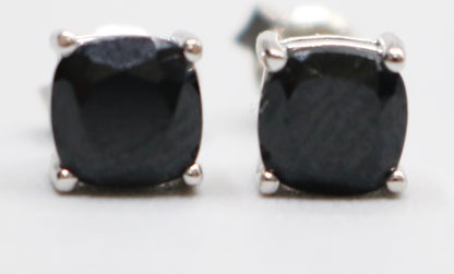 2.50 CTW Cushion Cut Black Spinel Solitaire Stud Sterling Silver Earrings 1.6 Grams