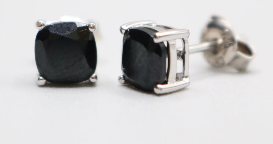 2.50 CTW Cushion Cut Black Spinel Solitaire Stud Sterling Silver Earrings 1.6 Grams