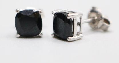2.50 CTW Cushion Cut Black Spinel Solitaire Stud Sterling Silver Earrings 1.6 Grams