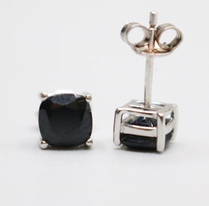 2.50 CTW Cushion Cut Black Spinel Solitaire Stud Sterling Silver Earrings 1.6 Grams