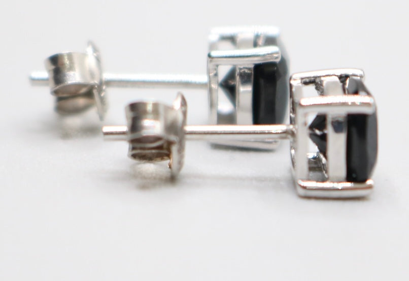 2.50 CTW Cushion Cut Black Spinel Solitaire Stud Sterling Silver Earrings 1.6 Grams
