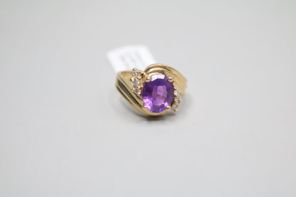 14K Yellow Gold Diamond Bypass Amethyst Ring (Size 6)
