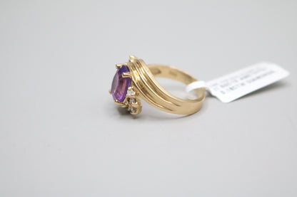 14K Yellow Gold Diamond Bypass Amethyst Ring (Size 6)