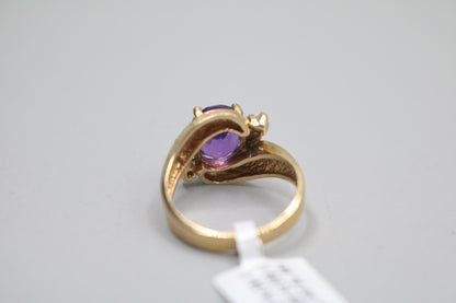 14K Yellow Gold Diamond Bypass Amethyst Ring (Size 6)