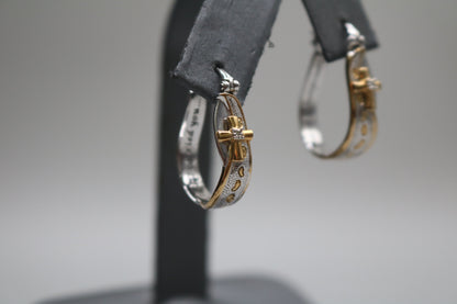 925 Silver White and Yellow Silver Cross Hoop Earrings (5.9 Grams)