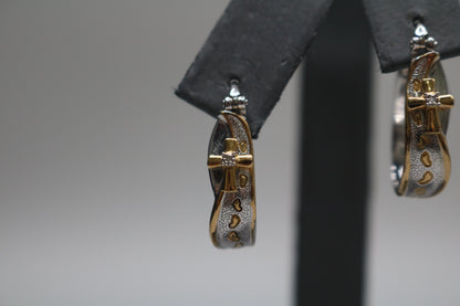 925 Silver White and Yellow Silver Cross Hoop Earrings (5.9 Grams)