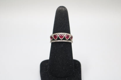 925 Silver Channel Heart Rubies Style Band Ring (Size 8)