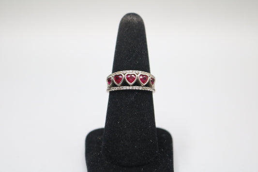 925 Silver Channel Heart Rubies Style Band Ring (Size 8)