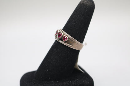 925 Silver Channel Heart Rubies Style Band Ring (Size 8)