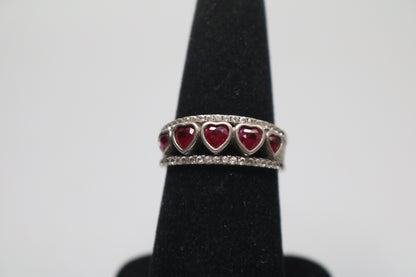925 Silver Channel Heart Rubies Style Band Ring (Size 8)