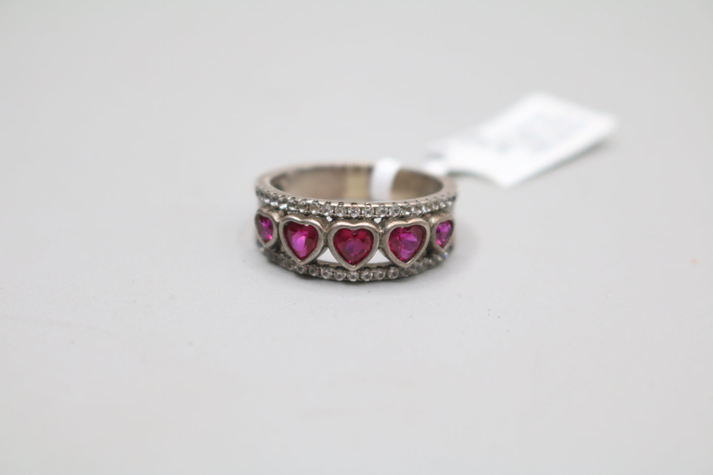 925 Silver Channel Heart Rubies Style Band Ring (Size 8)
