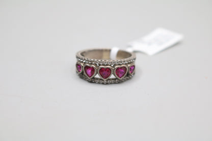 925 Silver Channel Heart Rubies Style Band Ring (Size 8)