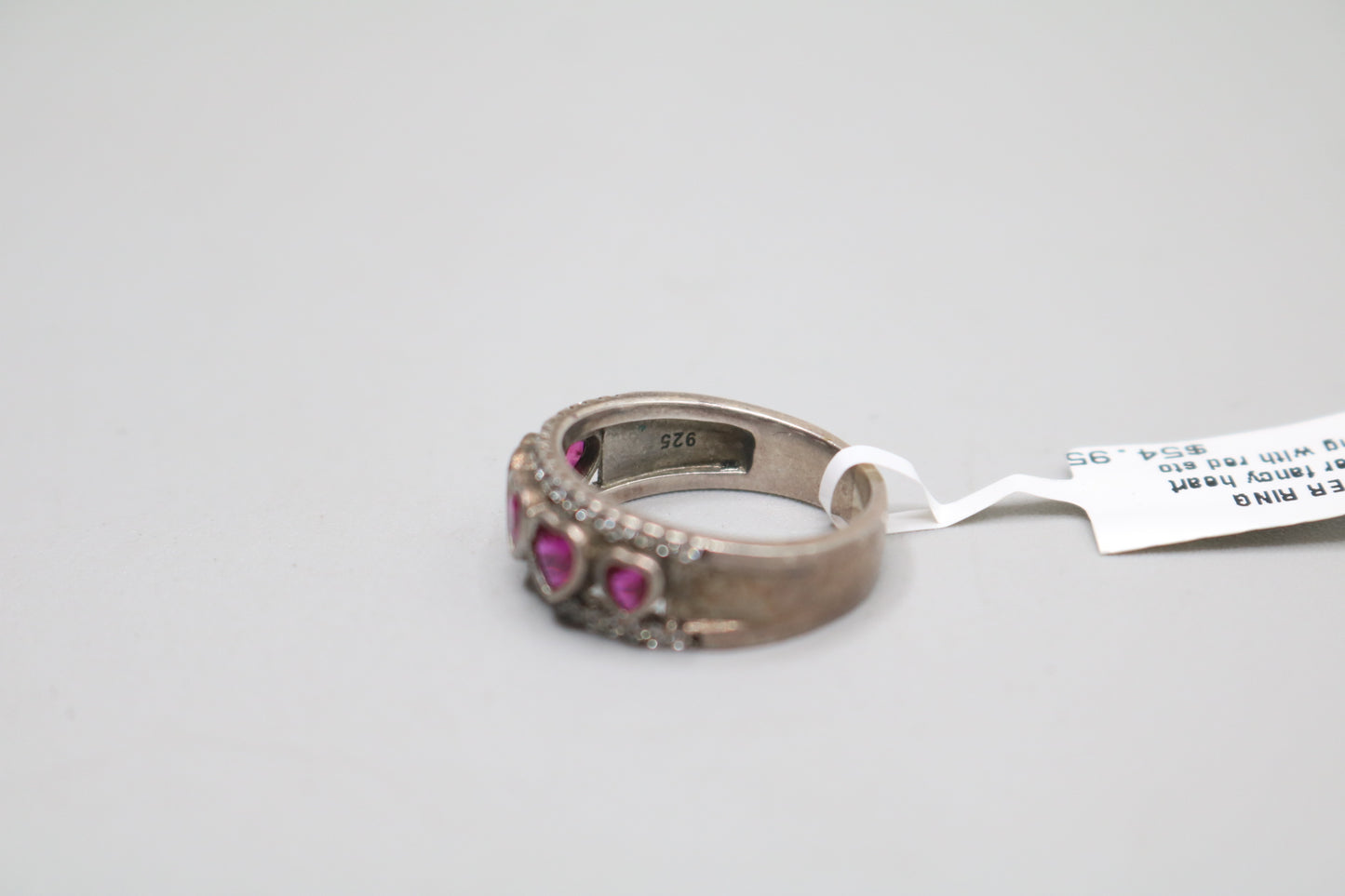 925 Silver Channel Heart Rubies Style Band Ring (Size 8)