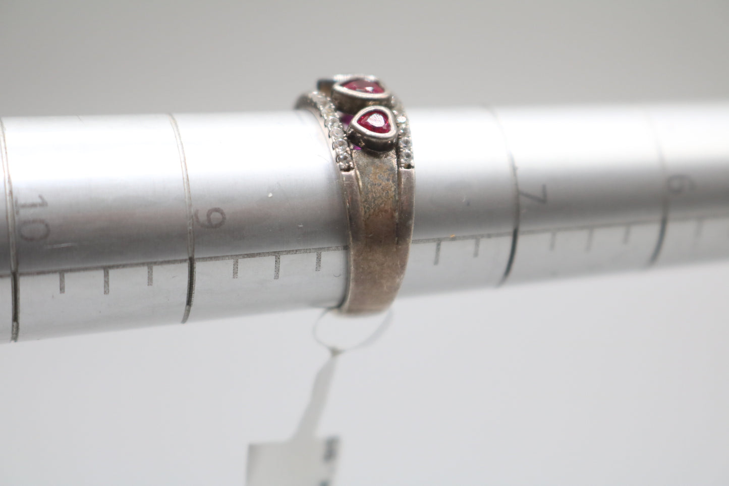 925 Silver Channel Heart Rubies Style Band Ring (Size 8)