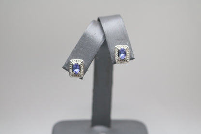 Silver Rectangular Earrings with Indigo Stones