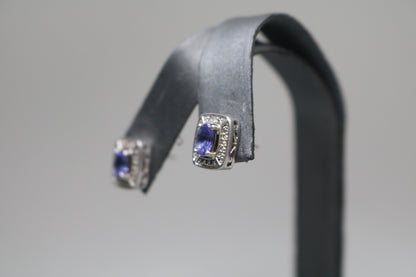 Silver Rectangular Earrings with Indigo Stones