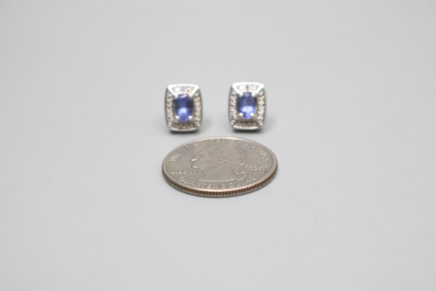 Silver Rectangular Earrings with Indigo Stones