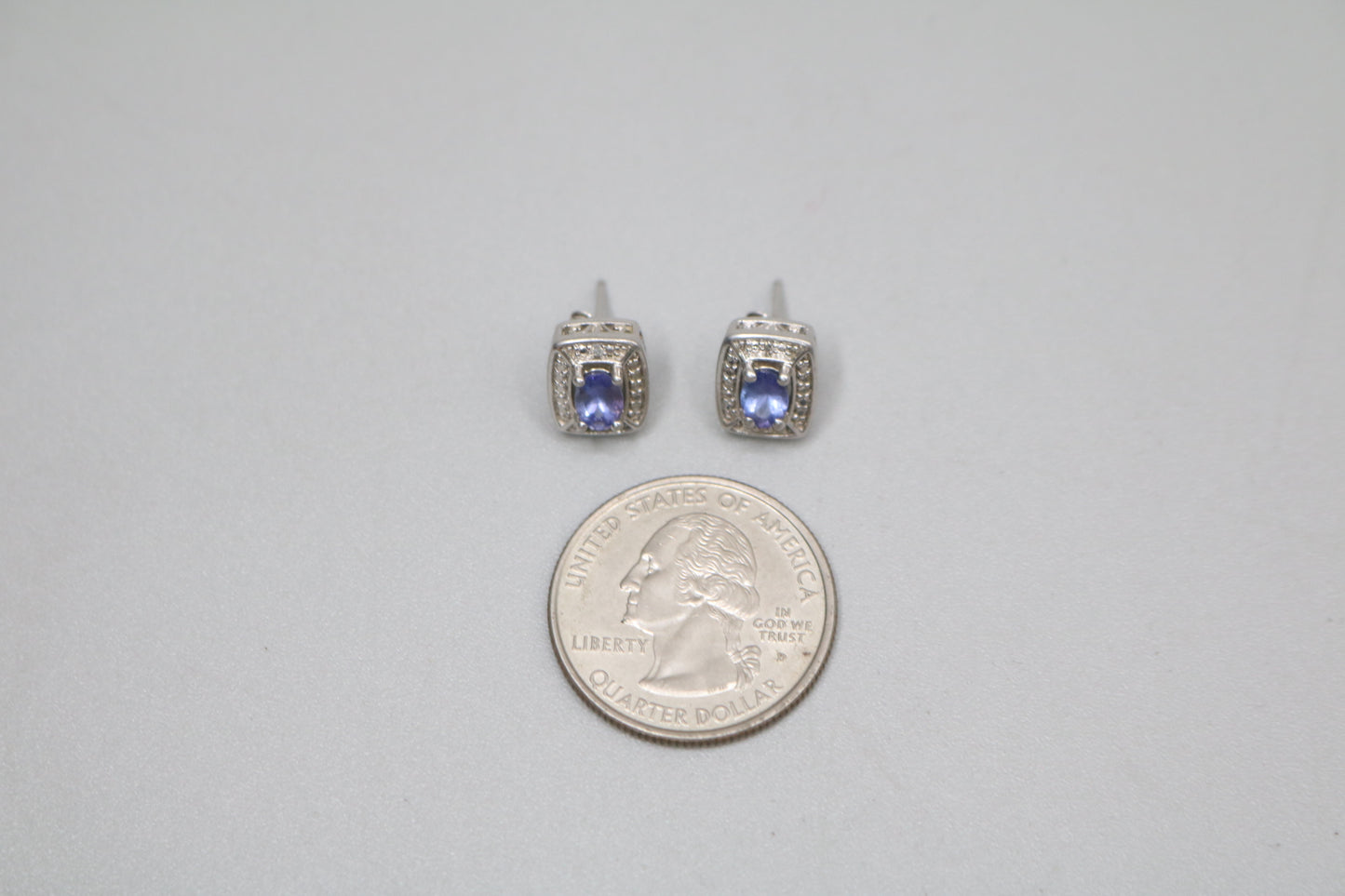 Silver Rectangular Earrings with Indigo Stones