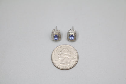 Silver Rectangular Earrings with Indigo Stones