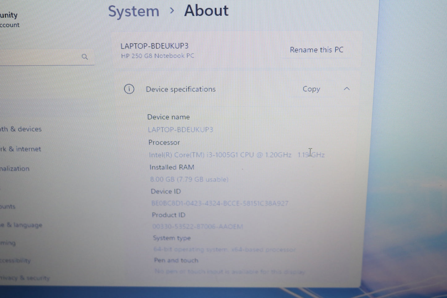 HP 250 G8 Notebook PC 15.6" Intel Core i3-1005G1 256GB SSD 8GB RAM