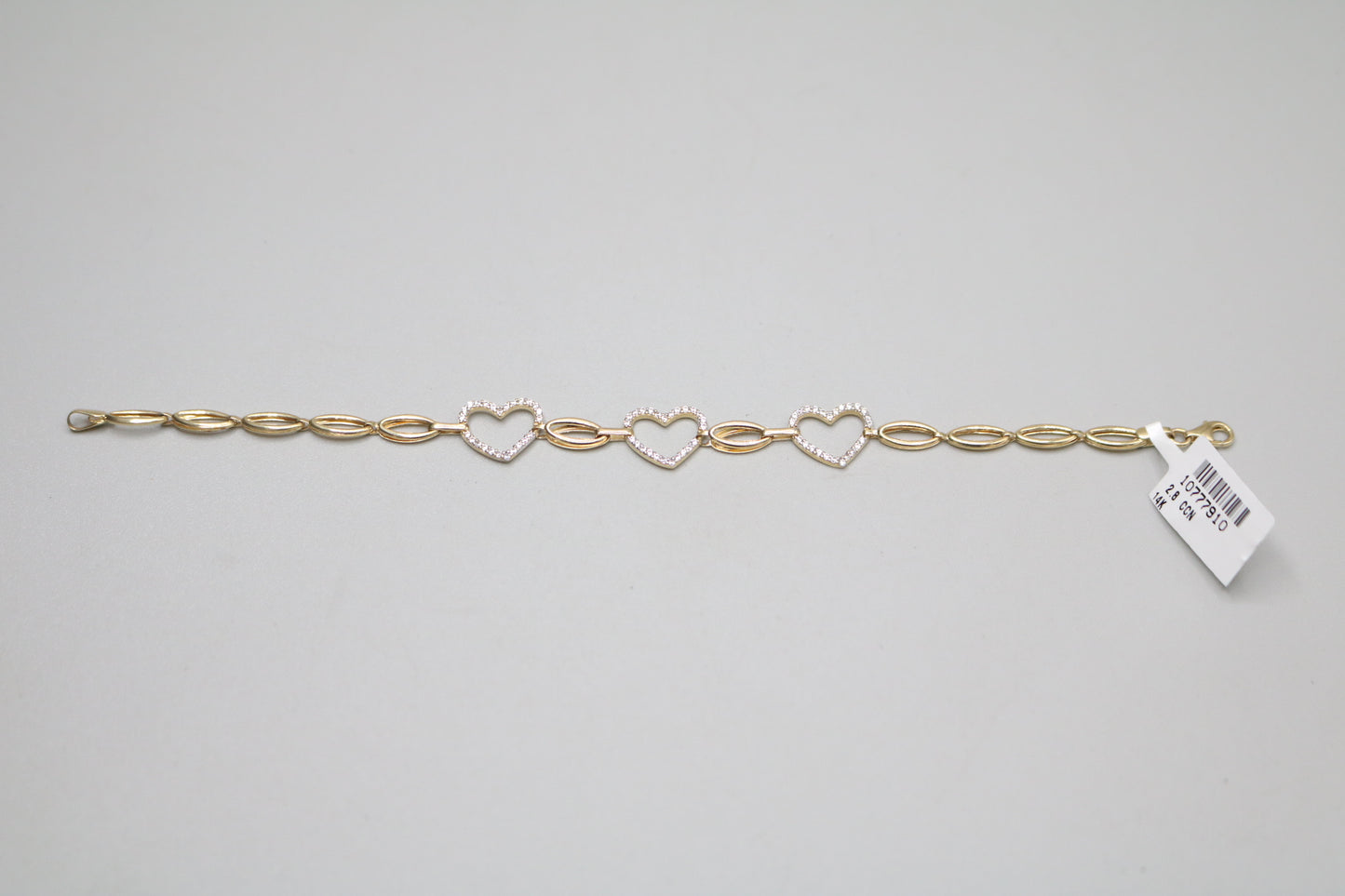 14K Yellow Gold Heart and Oval Bracelet with Clear Stones (Size 17)