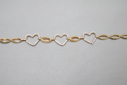 14K Yellow Gold Heart and Oval Bracelet with Clear Stones (Size 17)