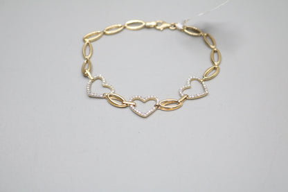 14K Yellow Gold Heart and Oval Bracelet with Clear Stones (Size 17)