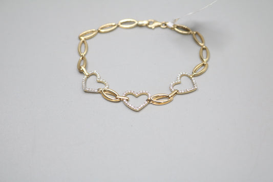 14K Yellow Gold Heart and Oval Bracelet with Clear Stones (Size 17)
