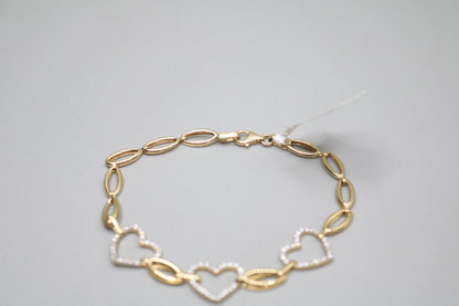 14K Yellow Gold Heart and Oval Bracelet with Clear Stones (Size 17)