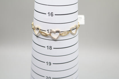 14K Yellow Gold Heart and Oval Bracelet with Clear Stones (Size 17)
