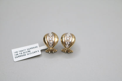 14K Two Tone Gold Acorn Earrings with Clear Stones