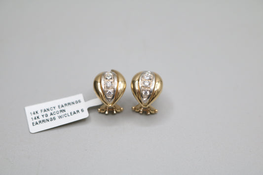 14K Two Tone Gold Acorn Earrings with Clear Stones