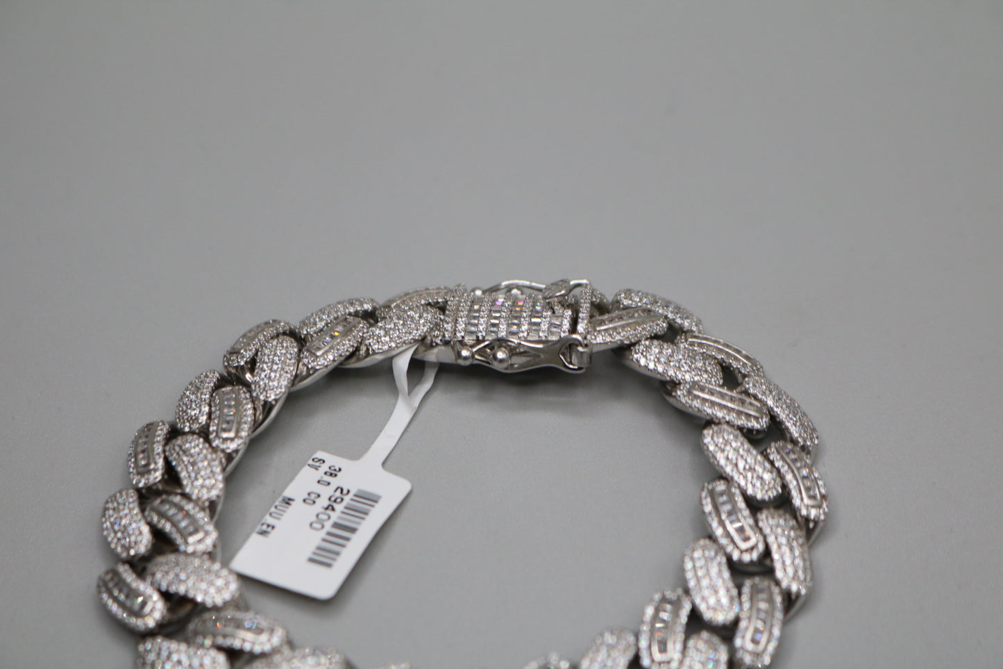 Sterling Silver Cuban Bracelet with Clear Stones (8.25 Inches)