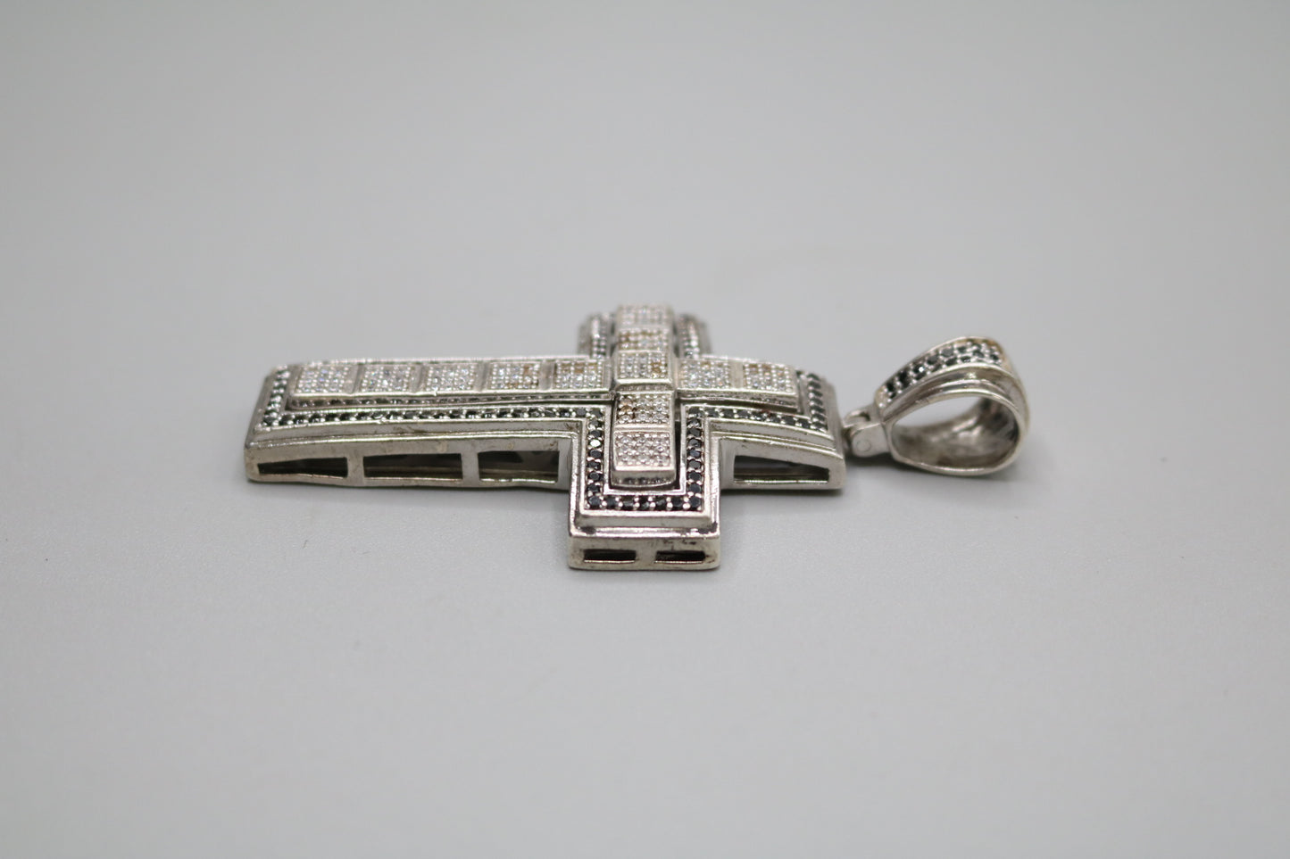 Sterling Silver Cross Charm with Clear and Black Stones