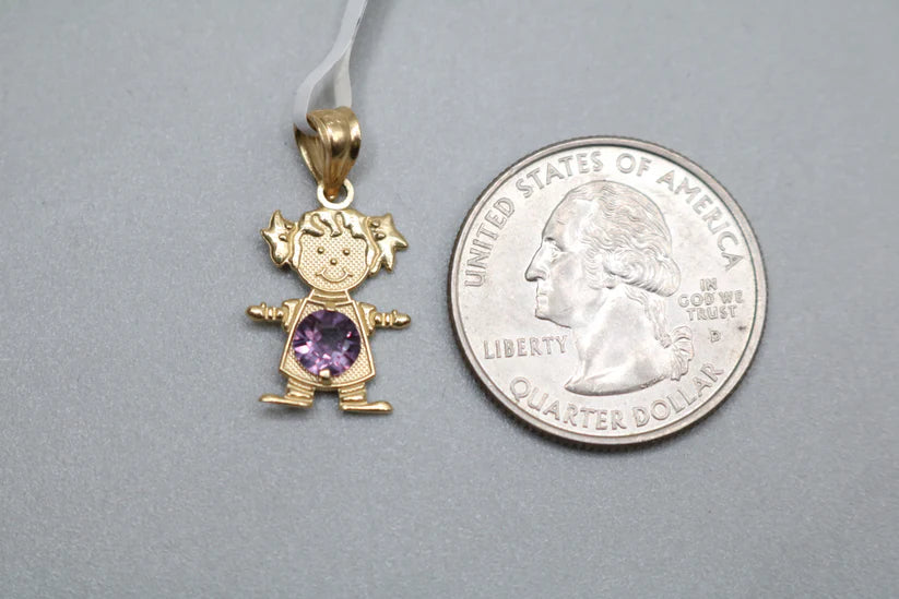 14K Yellow Gold Girl W/ Pigtails Birthstone Charm (1.0 Grams)