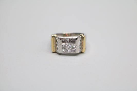 Platinum Invisible Set Princess Cut Diamond Cluster Ring with 18K Yellow Gold Accents (1.57 CTW) (Size 8 3/4)