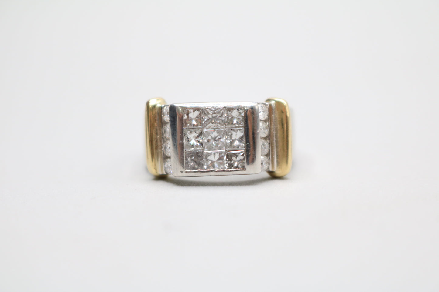 Platinum Invisible Set Princess Cut Diamond Cluster Ring with 18K Yellow Gold Accents (1.57 CTW) (Size 8 3/4)
