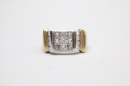 Platinum Invisible Set Princess Cut Diamond Cluster Ring with 18K Yellow Gold Accents (1.57 CTW) (Size 8 3/4)