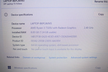 HP 15-fc0013od 15.6" AMD FHD Ryzen 3 7320U 2.4GHz 8GB RAM 256GB W11 Laptop
