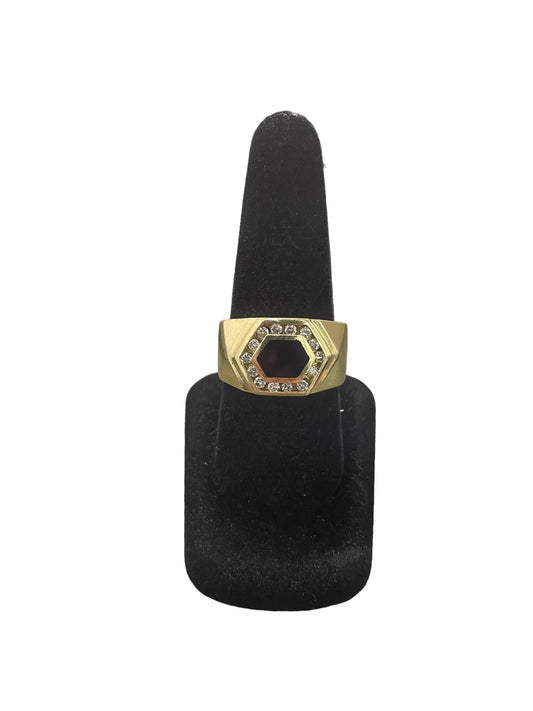 14K Yellow Gold Diamond & Black Enamel Ring Size 10